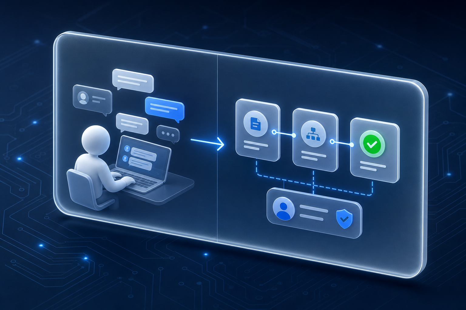 A split-panel illustration showing the transition from informal AI tool use on the left to a structured, owned workflow on the right, with a green approval badge marking the integrated state.