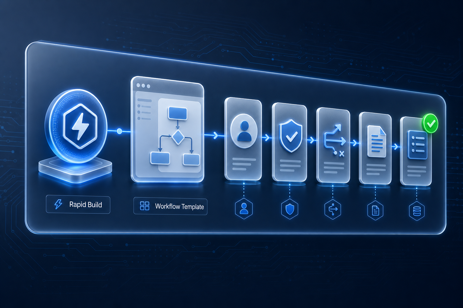 A workflow drafted by an AI assistant flows into five governance elements: owner badge, approval gate, failure path, runbook, and evidence log, capped with a green check mark.