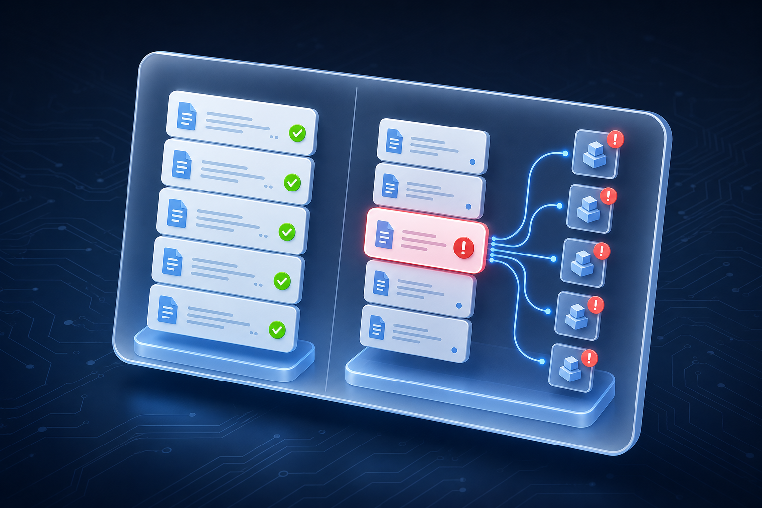 Approved documents with green check badges on the left, and a mixed stack on the right where one outdated document sends blue error lines to several outputs.